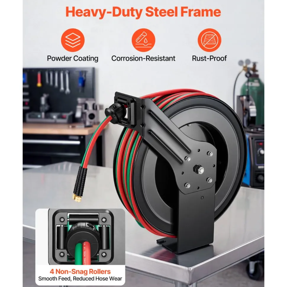 VEVOR Retractable Welding Hose Reel, 1/4 Inch x 100FT Twin Oxygen Acetylene Rubber Hose Max 300PSI - R Grade, Ceiling/Wall Mount Heavy Duty Steel Hose Reel Auto-Rewind, Ideal for Workshops Garages