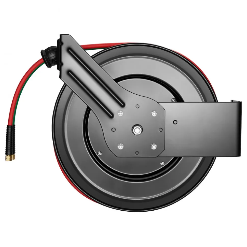 VEVOR Retractable Welding Hose Reel, 1/4 Inch x 100FT Twin Oxygen Acetylene Rubber Hose Max 300PSI - R Grade, Ceiling/Wall Mount Heavy Duty Steel Hose Reel Auto-Rewind, Ideal for Workshops Garages