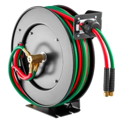 VEVOR Retractable Welding Hose Reel, 1/4-Inch x 50FT Twin Oxygen Acetylene Rubber Hose Max 300PSI - R Grade, Ceiling/Wall Mount Heavy Duty Steel Hose Reel Auto-Rewind, Ideal for Workshops Garages