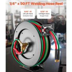 VEVOR Retractable Welding Hose Reel, 1/4-Inch x 50FT Twin Oxygen Acetylene Rubber Hose Max 300PSI - R Grade, Ceiling/Wall Mount Heavy Duty Steel Hose Reel Auto-Rewind, Ideal for Workshops Garages