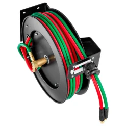 VEVOR Retractable Welding Hose Reel, 1/4-Inch x 50FT Twin Oxygen Acetylene Rubber Hose Max 300PSI - R Grade, Ceiling/Wall Mount Heavy Duty Steel Hose Reel Auto-Rewind, Ideal for Workshops Garages