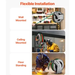VEVOR Retractable Welding Hose Reel, 1/4-Inch x 50FT Twin Oxygen Acetylene Rubber Hose Max 300PSI - R Grade, Ceiling/Wall Mount Heavy Duty Steel Hose Reel Auto-Rewind, Ideal for Workshops Garages