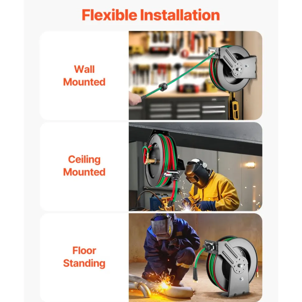 VEVOR Retractable Welding Hose Reel, 1/4-Inch x 50FT Twin Oxygen Acetylene Rubber Hose Max 300PSI - R Grade, Ceiling/Wall Mount Heavy Duty Steel Hose Reel Auto-Rewind, Ideal for Workshops Garages