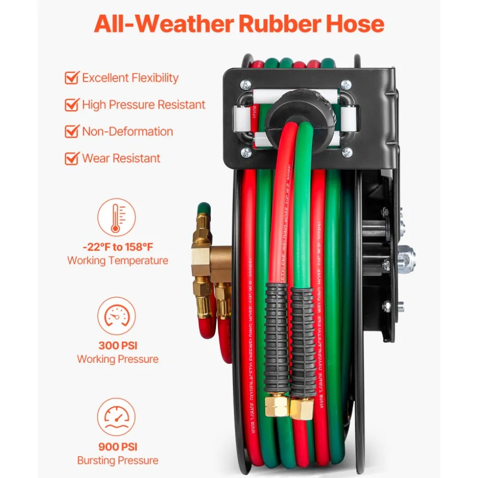 VEVOR Retractable Welding Hose Reel, 1/4-Inch x 50FT Twin Oxygen Acetylene Rubber Hose Max 300PSI - R Grade, Ceiling/Wall Mount Heavy Duty Steel Hose Reel Auto-Rewind, Ideal for Workshops Garages