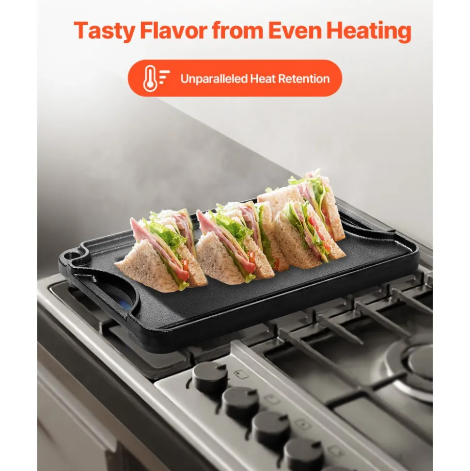 VEVOR Reversible Grill/Griddle, 14x8.5 inch Pre-Seasoned Cast Iron Griddle, Portable Rectangular Pan with Handle, Family Cookware for Indoor/Outdoor Stove Top Burner, Gas, Camping BBQ, Black