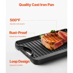 VEVOR Reversible Grill/Griddle, 14x8.5 inch Pre-Seasoned Cast Iron Griddle, Portable Rectangular Pan with Handle, Family Cookware for Indoor/Outdoor Stove Top Burner, Gas, Camping BBQ, Black