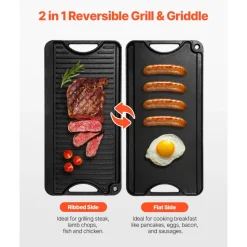 VEVOR Reversible Grill/Griddle, 20x10 inch Pre-Seasoned Cast Iron Griddle, Portable Rectangular Pan with Handle, Family Cookware for Indoor/Outdoor Stove Top Burner, Gas, Camping BBQ, Black