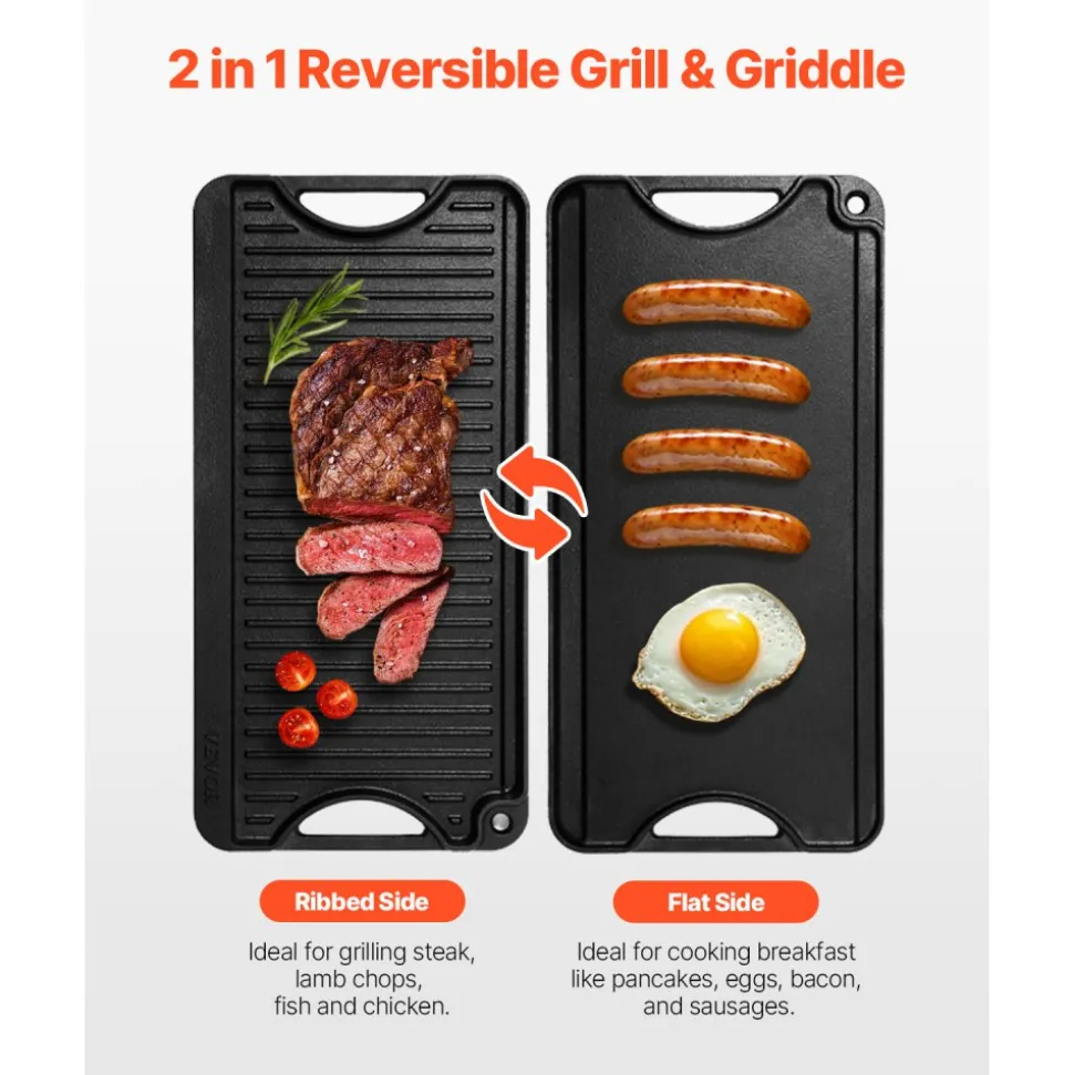 VEVOR Reversible Grill/Griddle, 20x10 inch Pre-Seasoned Cast Iron Griddle, Portable Rectangular Pan with Handle, Family Cookware for Indoor/Outdoor Stove Top Burner, Gas, Camping BBQ, Black