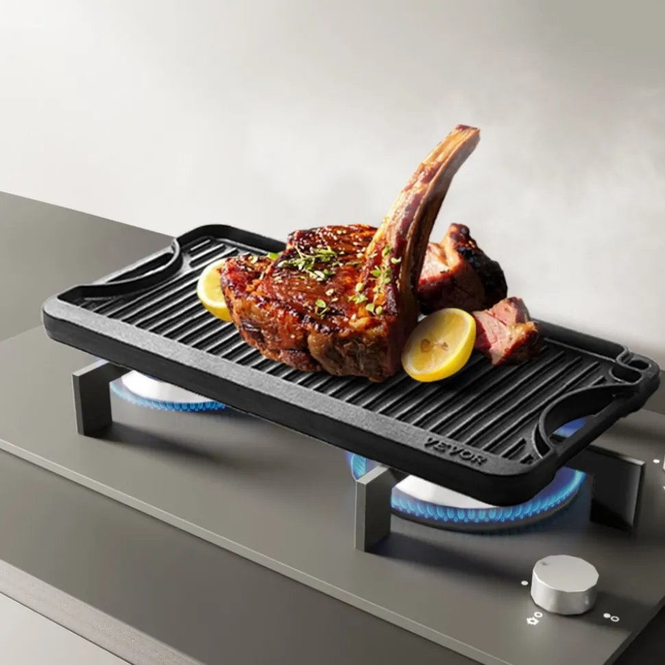 VEVOR Reversible Grill/Griddle, 20x10 inch Pre-Seasoned Cast Iron Griddle, Portable Rectangular Pan with Handle, Family Cookware for Indoor/Outdoor Stove Top Burner, Gas, Camping BBQ, Black