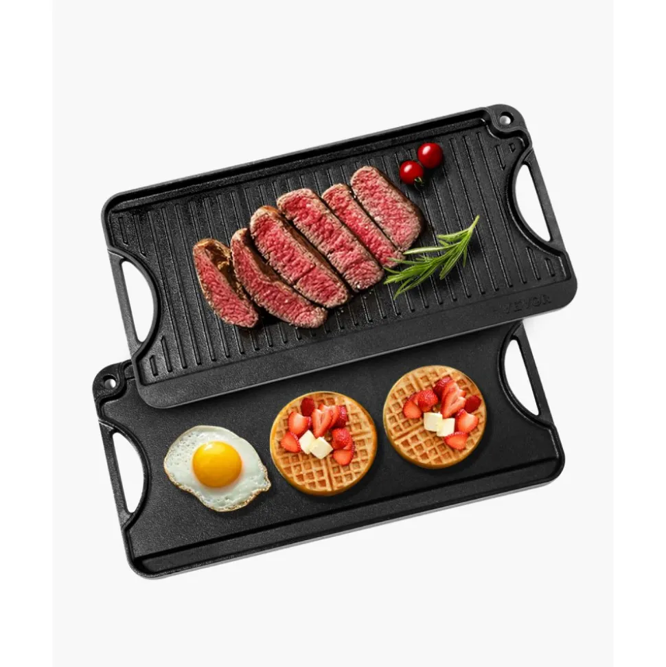 VEVOR Reversible Grill/Griddle, 20x10 inch Pre-Seasoned Cast Iron Griddle, Portable Rectangular Pan with Handle, Family Cookware for Indoor/Outdoor Stove Top Burner, Gas, Camping BBQ, Black