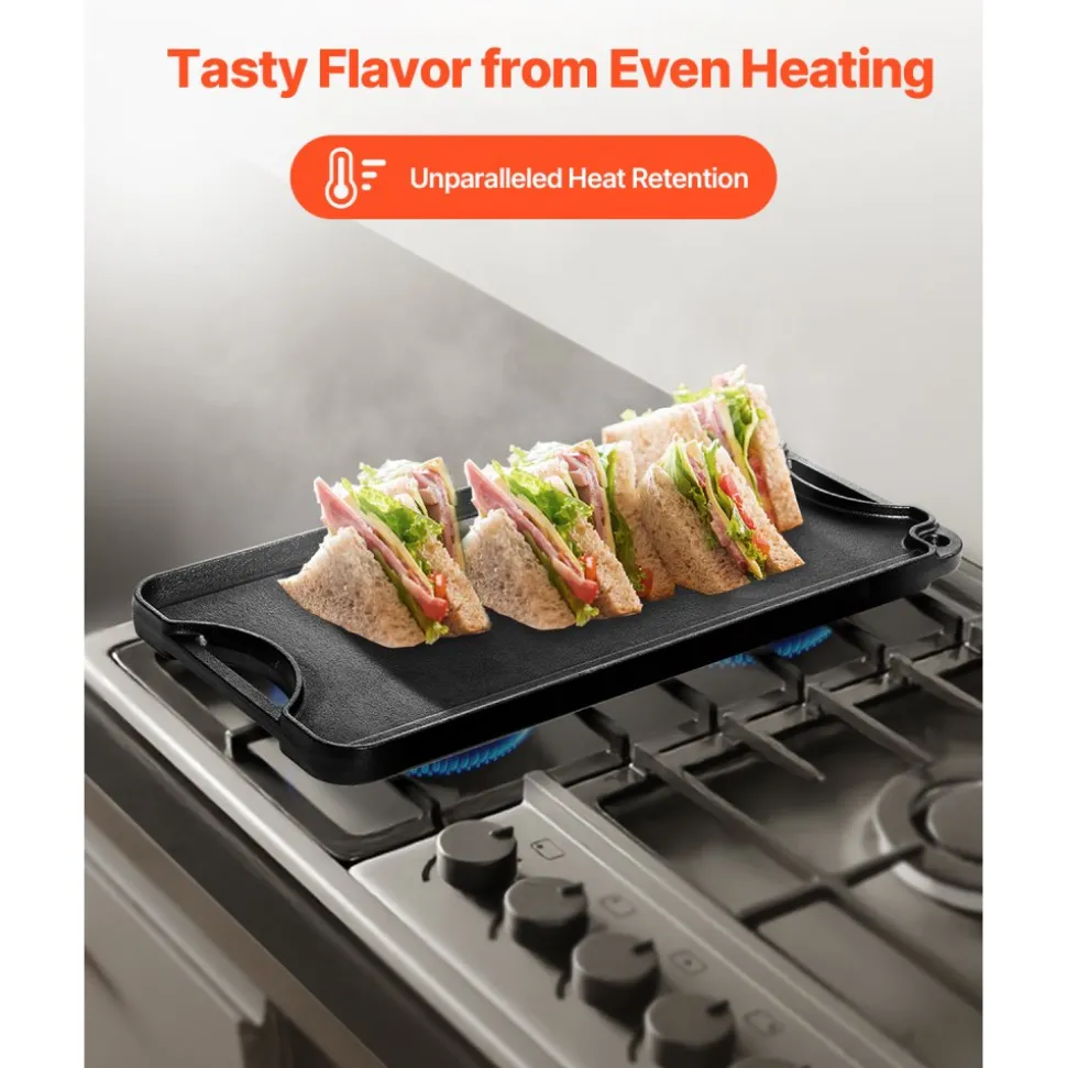 VEVOR Reversible Grill/Griddle, 20x10 inch Pre-Seasoned Cast Iron Griddle, Portable Rectangular Pan with Handle, Family Cookware for Indoor/Outdoor Stove Top Burner, Gas, Camping BBQ, Black