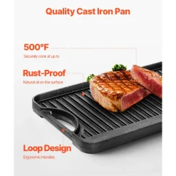 VEVOR Reversible Grill/Griddle, 20x10 inch Pre-Seasoned Cast Iron Griddle, Portable Rectangular Pan with Handle, Family Cookware for Indoor/Outdoor Stove Top Burner, Gas, Camping BBQ, Black