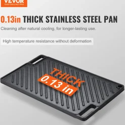 VEVOR Reversible Grill/Griddle, 9.7"x16.7" Pre-Seasoned Cast Iron Griddle, Rectangular Double Burner Griddle Pan, Non-Stick Family Pan Cookware with Handles, Flat Top Plate for BBQ, Gas Grill, Black