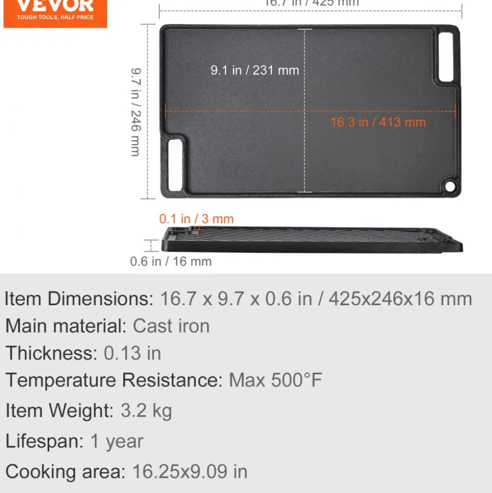 VEVOR Reversible Grill/Griddle, 9.7"x16.7" Pre-Seasoned Cast Iron Griddle, Rectangular Double Burner Griddle Pan, Non-Stick Family Pan Cookware with Handles, Flat Top Plate for BBQ, Gas Grill, Black
