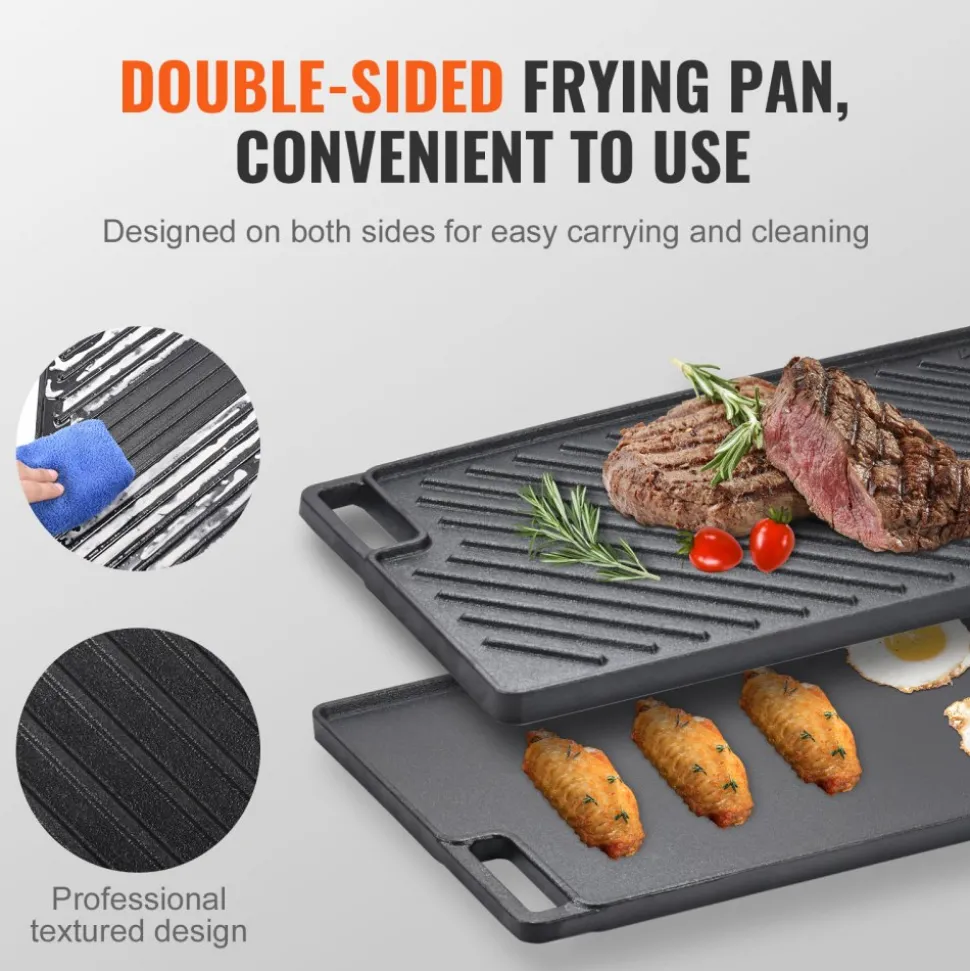 VEVOR Reversible Grill/Griddle, 9.7"x16.7" Pre-Seasoned Cast Iron Griddle, Rectangular Double Burner Griddle Pan, Non-Stick Family Pan Cookware with Handles, Flat Top Plate for BBQ, Gas Grill, Black