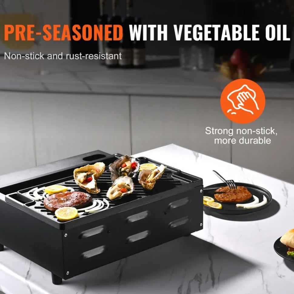VEVOR Reversible Grill/Griddle, 9.7"x16.7" Pre-Seasoned Cast Iron Griddle, Rectangular Double Burner Griddle Pan, Non-Stick Family Pan Cookware with Handles, Flat Top Plate for BBQ, Gas Grill, Black