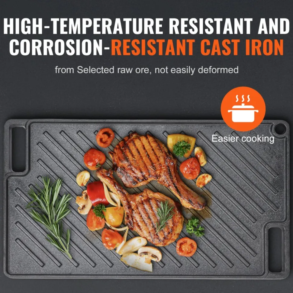 VEVOR Reversible Grill/Griddle, 9.7"x16.7" Pre-Seasoned Cast Iron Griddle, Rectangular Double Burner Griddle Pan, Non-Stick Family Pan Cookware with Handles, Flat Top Plate for BBQ, Gas Grill, Black