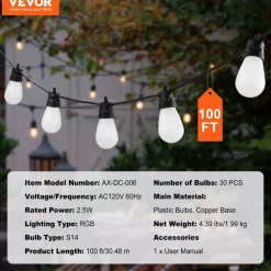 VEVOR RGB Outdoor String Lights, 100FT, Outside Patio Lights with APP Control 30 Bulbs, 15 Single-Color Adjustable Brightness Time Setting, Waterproof Hanging Lights for Halloween Decoration Christmas