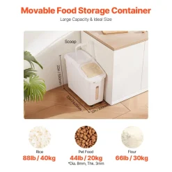 VEVOR Rice Storage Container, 3.5Gal/15Lx2 + 4.5Gal/20Lx2 Large Dog Food Dispenser Bin, Kitchen Ingredient Grain Cereal Bin, Pet food Containers with Wheels, 4 Measuring Cups, Airtight Lid, 4 Pack