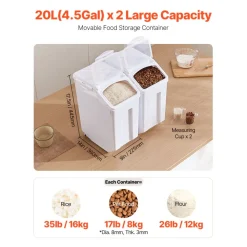 VEVOR Rice Storage Container, 4.5Gallon/20L x2 Capacity Large Dog Food Dispenser Bin, Kitchen Ingredient Grain Cereal Flour Bin, Pet food Containers with Wheels, 2 Measuring Cups, Airtight Lid, 2 Pack