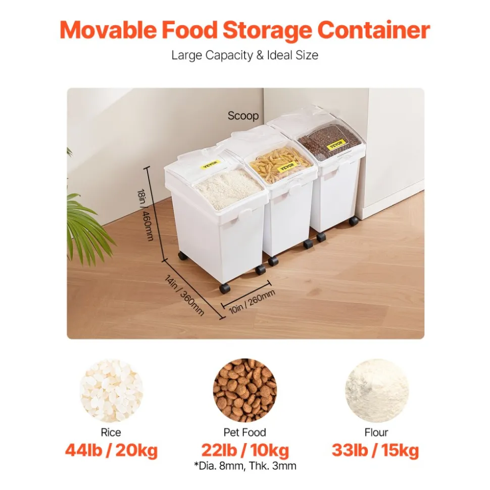 VEVOR Rice Storage Container, 6.6Gallon/25L x3 Capacity Large Dog Food Dispenser Bin, Kitchen Ingredient Grain Cereal Flour Bin, Pet food Containers with Wheels, 3 Scoops, and Airtight Lid, 3 Pack