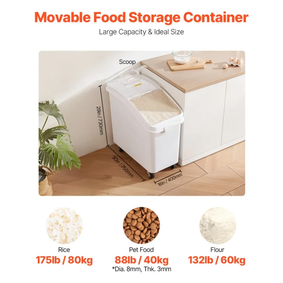 VEVOR Rice Storage Container, 27Gallon/100L Capacity Large Dog Food Dispenser Bin, Kitchen Ingredient Grain Cereal Flour Bin, Pet food Containers with Wheels, Scoop, and Airtight Lid, 1 Pack