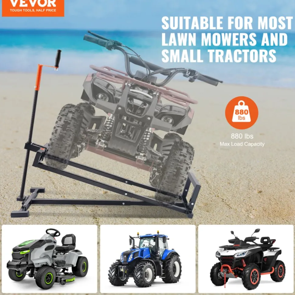 VEVOR Ride on Lawn Mower Lift Jack, 880 Lbs Weight Capacity, Telescopic Maintenance Jack with Crank Handle & Power Tool Handle, Foldable Lawn Tractor Lifter for Lawn Mowers and Garden Tractors, Black