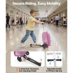 VEVOR Ride-on Luggage, 20 L Capacity, 20 Inches Kids Scooter Suitcase with Flash PU Wheels, Adjustable Handle & TPR Non-Slip Grip, Foldable & Lightweight Scooter Luggage for Kids Aged 5+, Purple