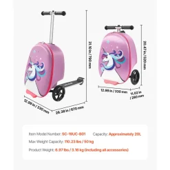 VEVOR Ride-on Luggage, 20 L Capacity, 20 Inches Kids Scooter Suitcase with Flash PU Wheels, Adjustable Handle & TPR Non-Slip Grip, Foldable & Lightweight Scooter Luggage for Kids Aged 5+, Purple