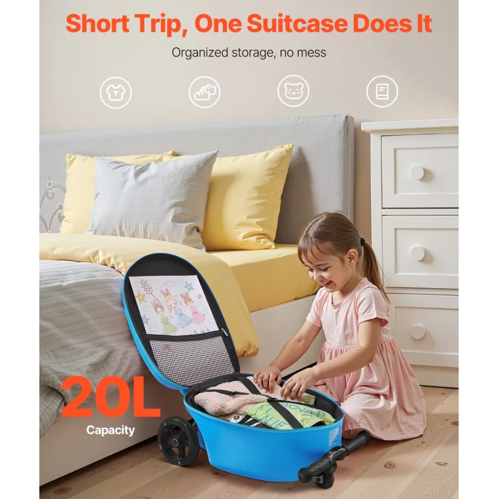 VEVOR Ride-on Luggage, 20 L Capacity, 20 Inches Kids Scooter Suitcase with Flash PU Wheels, Adjustable Handle & TPR Non-Slip Grip, Foldable & Lightweight Scooter Luggage for Kids Aged 5+, Blue