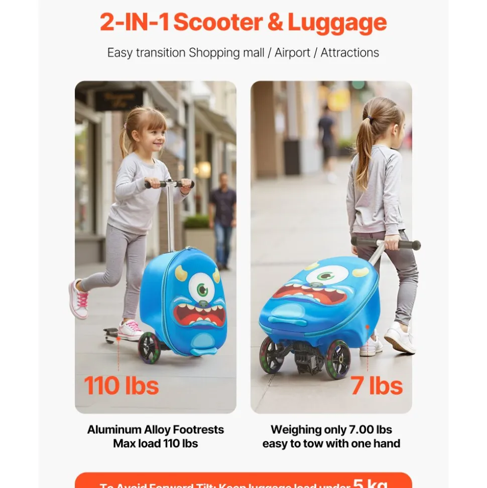VEVOR Ride-on Luggage, 20 L Capacity, 20 Inches Kids Scooter Suitcase with Flash PU Wheels, Adjustable Handle & TPR Non-Slip Grip, Foldable & Lightweight Scooter Luggage for Kids Aged 5+, Blue
