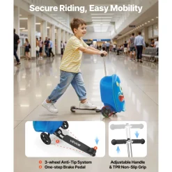 VEVOR Ride-on Luggage, 20 L Capacity, 20 Inches Kids Scooter Suitcase with Flash PU Wheels, Adjustable Handle & TPR Non-Slip Grip, Foldable & Lightweight Scooter Luggage for Kids Aged 5+, Blue