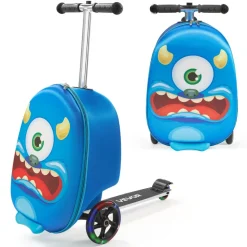 VEVOR Ride-on Luggage, 20 L Capacity, 20 Inches Kids Scooter Suitcase with Flash PU Wheels, Adjustable Handle & TPR Non-Slip Grip, Foldable & Lightweight Scooter Luggage for Kids Aged 5+, Blue