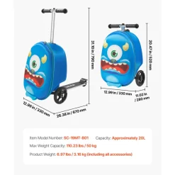 VEVOR Ride-on Luggage, 20 L Capacity, 20 Inches Kids Scooter Suitcase with Flash PU Wheels, Adjustable Handle & TPR Non-Slip Grip, Foldable & Lightweight Scooter Luggage for Kids Aged 5+, Blue