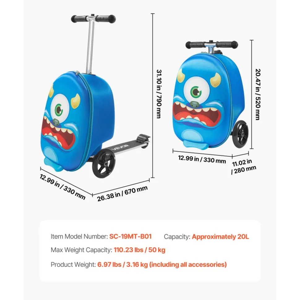 VEVOR Ride-on Luggage, 20 L Capacity, 20 Inches Kids Scooter Suitcase with Flash PU Wheels, Adjustable Handle & TPR Non-Slip Grip, Foldable & Lightweight Scooter Luggage for Kids Aged 5+, Blue