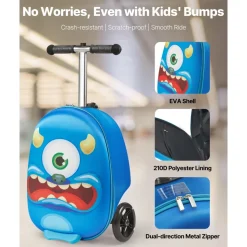 VEVOR Ride-on Luggage, 20 L Capacity, 20 Inches Kids Scooter Suitcase with Flash PU Wheels, Adjustable Handle & TPR Non-Slip Grip, Foldable & Lightweight Scooter Luggage for Kids Aged 5+, Blue