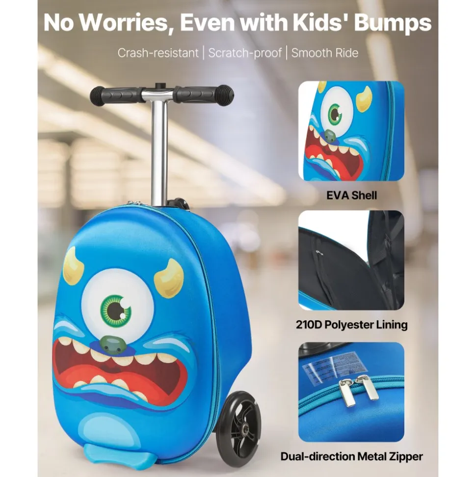 VEVOR Ride-on Luggage, 20 L Capacity, 20 Inches Kids Scooter Suitcase with Flash PU Wheels, Adjustable Handle & TPR Non-Slip Grip, Foldable & Lightweight Scooter Luggage for Kids Aged 5+, Blue