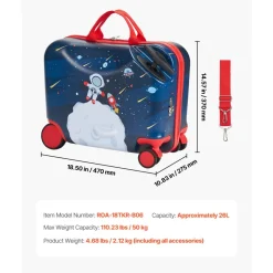 VEVOR Ride-on Luggage, 26 L Capacity, 18 Inches Tow Along Toddler Carry on Luggage with Wheels, Adjustable Shoulder Strap, Lightweight Kids Riding Suitcase for Boys & Girls Aged 3+, Blue & White