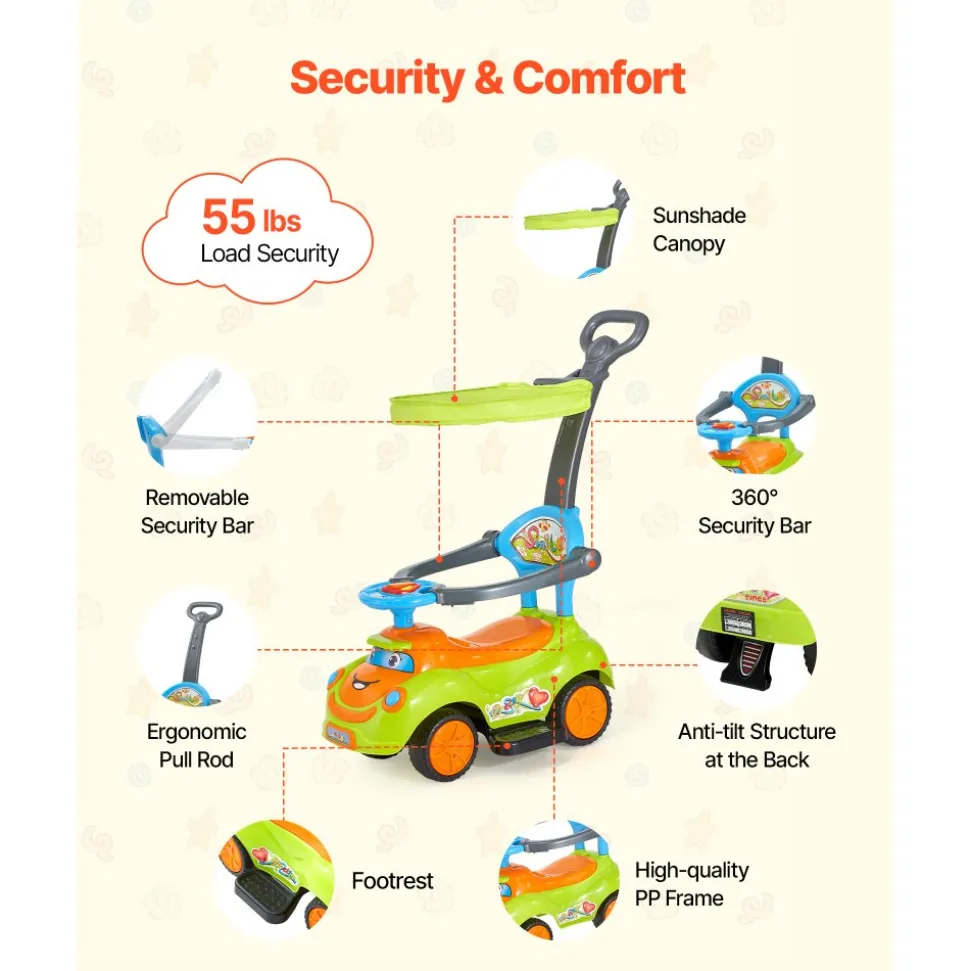 VEVOR Ride On Push Car, Push Car for Toddler 19 to 36 Months, Around Buggy with Guardrails, Handle & Under-seat Storage, 55 lbs Load Capacity, Foot-to-Floor Walker for Boys Girls, Green