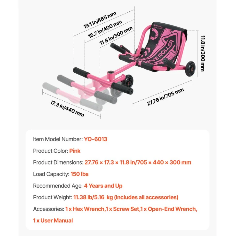VEVOR Ride on Scooter 150 lbs Swing Side-to-Side for Amazing Riding Pink, for Ages 4+, Powered by Zig-Zag Motion, Ride on Toy with 3 Adjustable Length, Brake Lever, Hard Surface Indoor & Outdoor