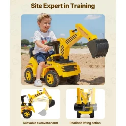 VEVOR Ride On Toddler Car, Push Car for Toddler 19 to 36 Months, Excavator Digger Toy with Helmet & Music, 55 lbs Load Capacity, Foot-to-Floor Walker for Kids, Yellow