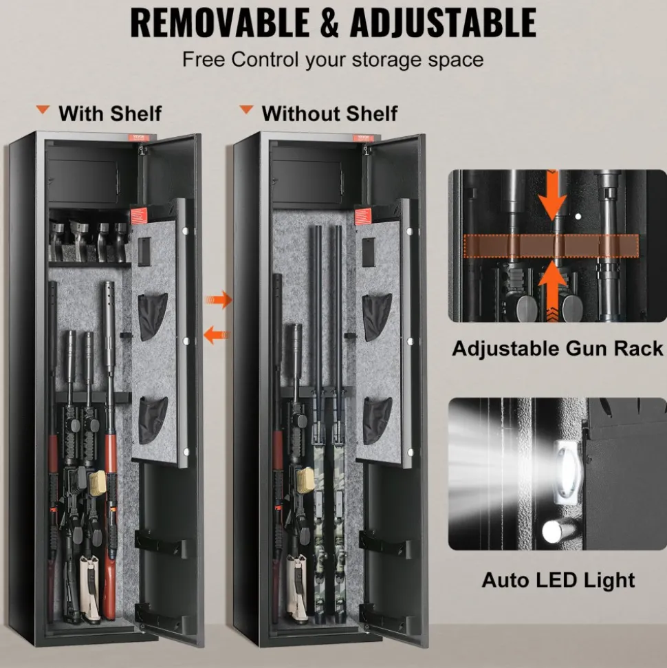 VEVOR 7-8 Rifles Gun Safe, Rifle Safe with Digital Keypad & Lock, Gun Storage Cabinet with Built-in Storage Locker, Removable Storage Shelf for Home Long Gun and Pistols