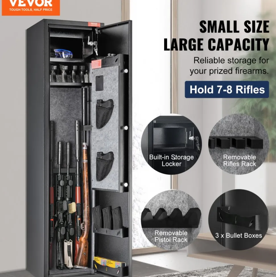VEVOR 5 Rifles Gun Safe, Rifle Safe with Digital Keypad & Lock, Gun Storage Cabinet with Built-in Storage Locker, Removable Storage Shelf for Home Long Gun and Pistols