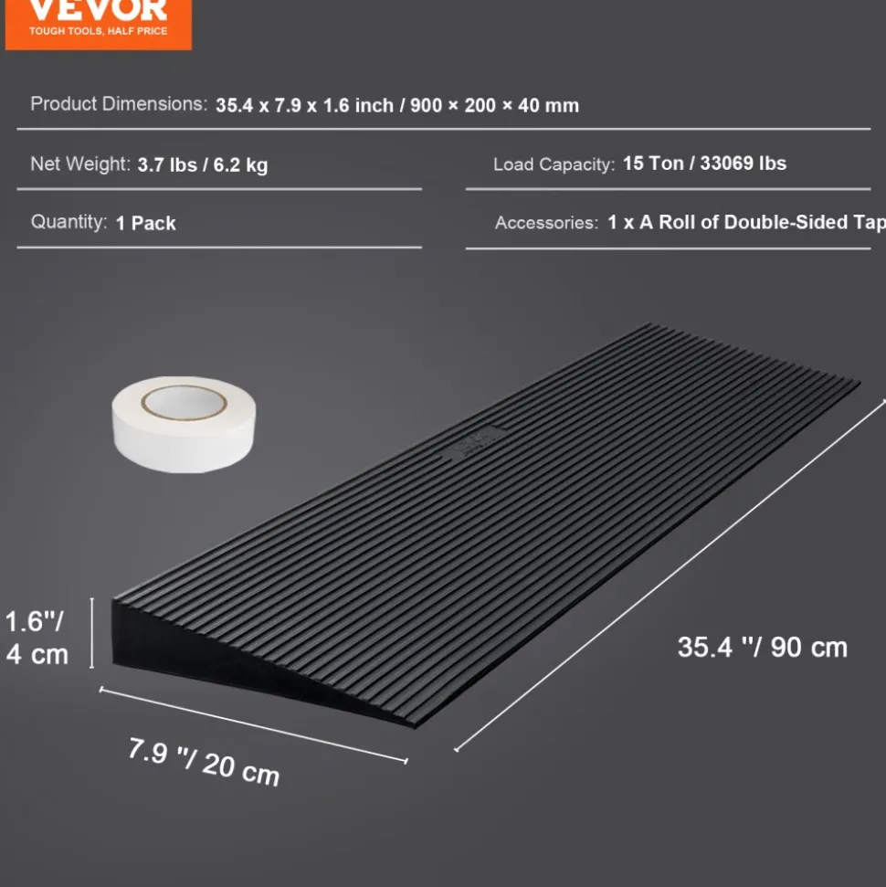 VEVOR 1.6" Rise Cuttable Threshold Ramp for Sweeping Robot, 35.4" Wide Natural Rubber Wheelchair Ramp, Non-Slip Solid Rubber Ramp with Double-Sided Tape for Doorways, Driveways, Bathroom, Smooth Tile