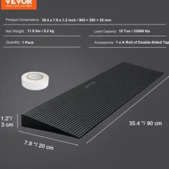 VEVOR 1.2" Rise Cuttable Threshold Ramp for Sweeping Robot, 35.4" Wide Natural Rubber Wheelchair Ramp, Non-Slip Solid Rubber Ramp with Double-Sided Tape for Doorways, Driveways, Bathroom, Smooth Tile