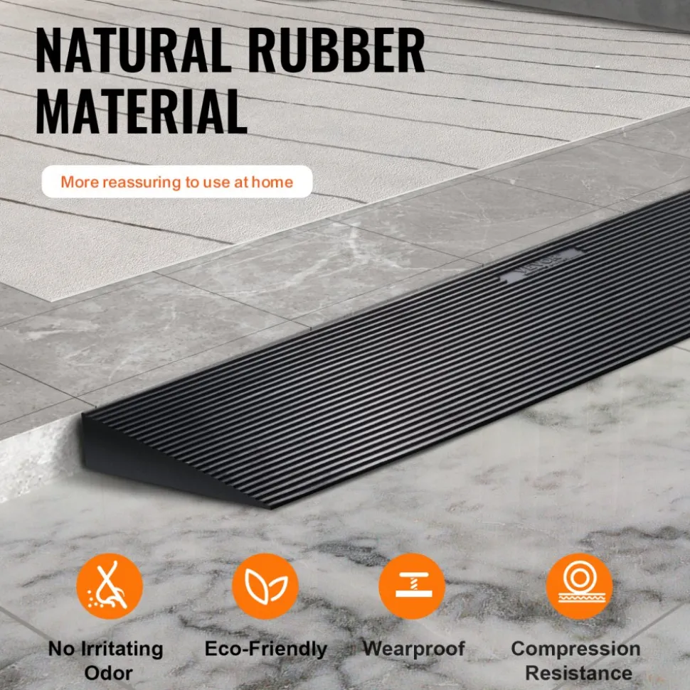 VEVOR 1.2" Rise Cuttable Threshold Ramp for Sweeping Robot, 35.4" Wide Natural Rubber Wheelchair Ramp, Non-Slip Solid Rubber Ramp with Double-Sided Tape for Doorways, Driveways, Bathroom, Smooth Tile