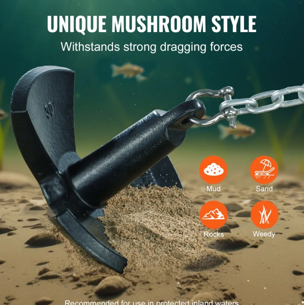 VEVOR River Anchor, 30 LBS Boat Anchor Cast Iron Black Vinyl-Coated, Marine Grade Mushroom Anchor for Boats Up To 30 ft, Impressive Holding Power in River and Mud Bottom Lakes