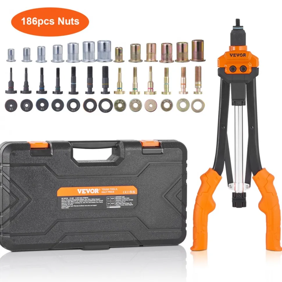 VEVOR Rivet Nut Tool, 16 inch Rivnut Tool Kit with 13PCS Metric and SAE Mandrels, 186PCS Rivet Nuts, Semi-auto Retraction, M3, M4, M5, M6, M8, M10, M12, 1/4-20, 5/16-18, 3/8-16, 1/2-13, 8-32, 10-24