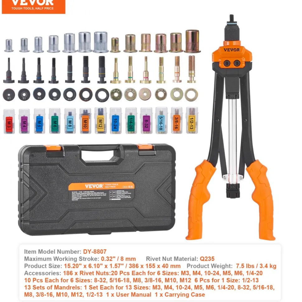 VEVOR Rivet Nut Tool, 16 inch Rivnut Tool Kit with 13PCS Metric and SAE Mandrels, 186PCS Rivet Nuts, Semi-auto Retraction, M3, M4, M5, M6, M8, M10, M12, 1/4-20, 5/16-18, 3/8-16, 1/2-13, 8-32, 10-24