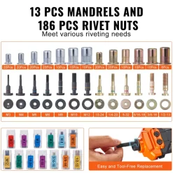 VEVOR Rivet Nut Tool, 16 inch Rivnut Tool Kit with 13PCS Metric and SAE Mandrels, 186PCS Rivet Nuts, Semi-auto Retraction, M3, M4, M5, M6, M8, M10, M12, 1/4-20, 5/16-18, 3/8-16, 1/2-13, 8-32, 10-24